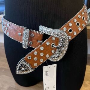 Urban Outfitters Rhinestone Studded Light Brown & Silver Belt Size M